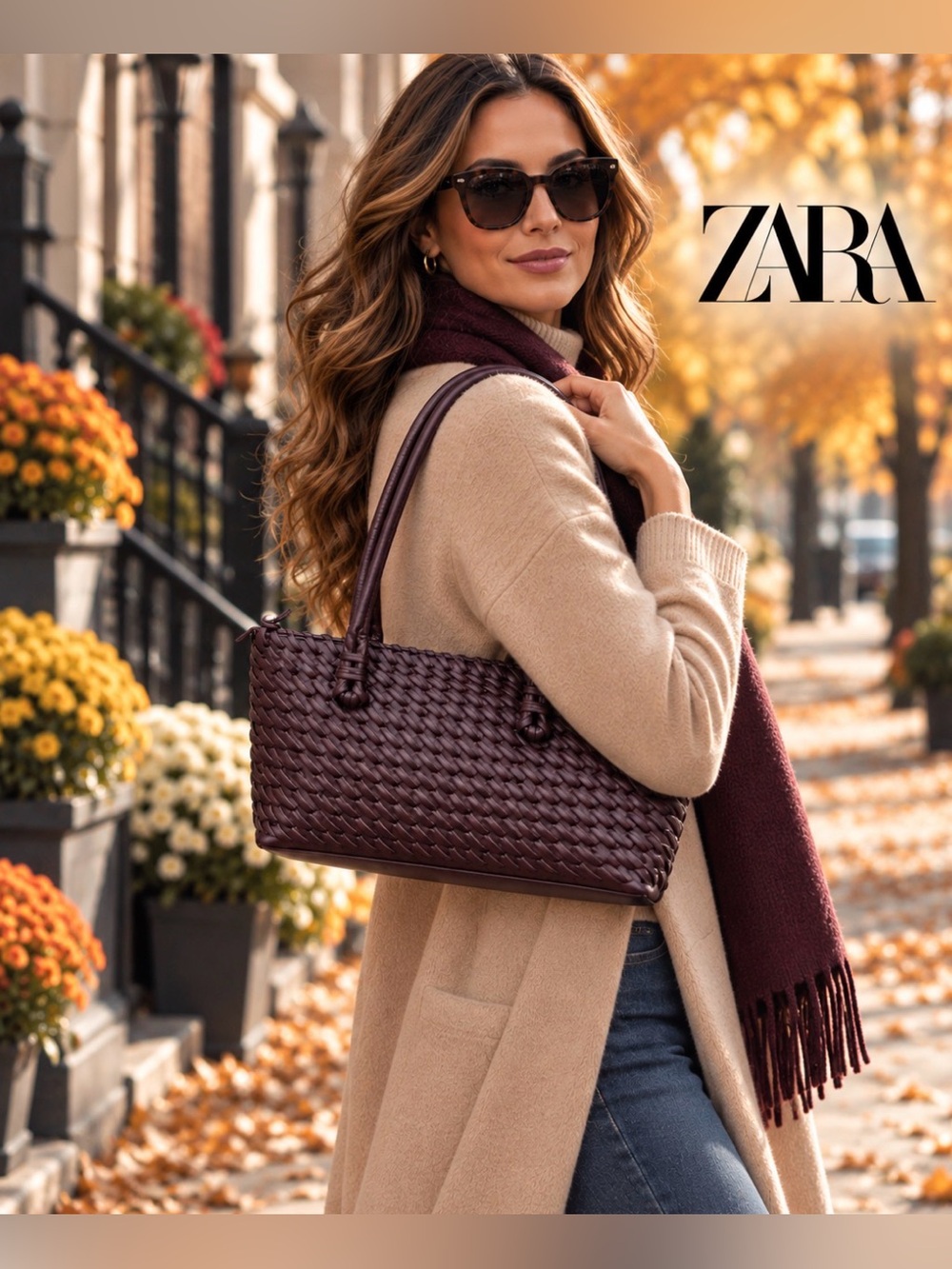 ZARA Dark Burgundy Woven Long Twisted Tote Shoulder Bag